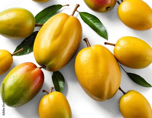 Fresh Yellow and Red Mangoes with Green Leaves