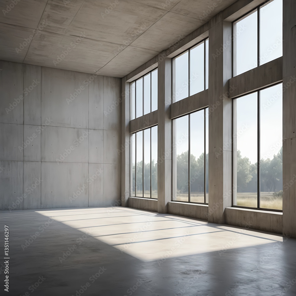Fototapeta premium Modern Concrete Room with Large Windows and Sunny Landscape View