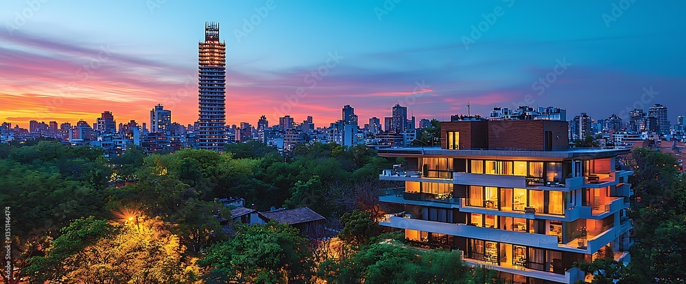 Fototapeta premium Modern Apartment Building at Sunset Cityscape
