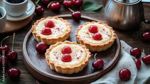 Wallpaper Mural Fresh cherry tarts on a rustic wooden platter Torontodigital.ca