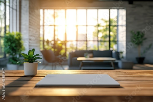 Wooden desk with plant and book, and blurred modern interior in background. Perfect for backgrounds, banners, or displaying product mockups.