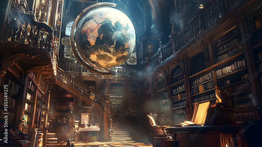 A Grand, Mystical Library Bathed In Warm Light, A Celestial Globe Hanging Overhead, Promising Untold Adventures And Scholarly Discoveries Within Its Ancient, Ornate Walls A Grand, Mystical Library Bathed In Warm Light, A Celestial Globe Hanging Overhead, Promising Untold Adventures And Scholarly Discoveries Within Its Ancient, Ornate Walls