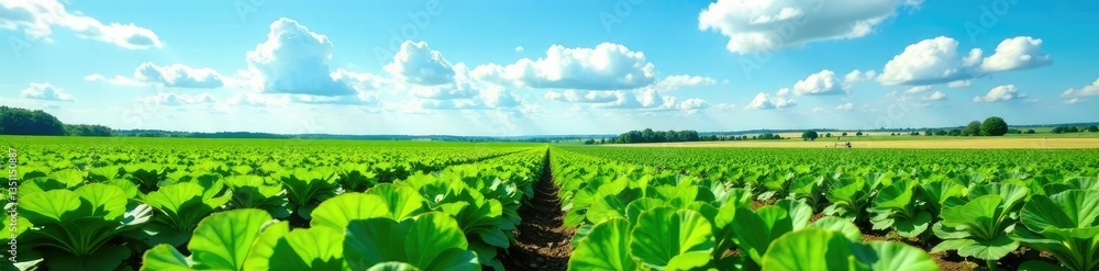 Sugar beet farm under blue sky and fluffy white clouds, country, crops Sugar beet farm under blue sky and fluffy white clouds, country, crops
