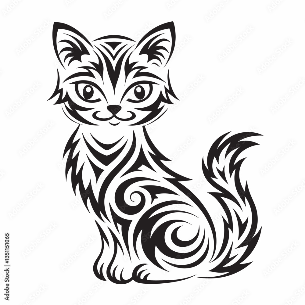 Fototapeta premium Black and white cat vector illustration sitting cute kitten silhouette design