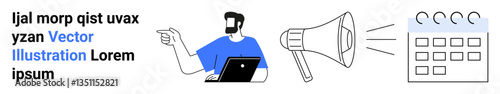 Man gestures with laptop in hand, megaphone broadcasting message, and a calendar with marked dates. Ideal for marketing, communication, planning, teamwork, time management, scheduling flat landing