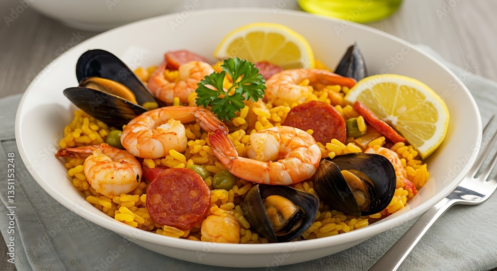 Delicious Paella with Seafood and Sausage in a White Bowl Delicious Paella with Seafood and Sausage in a White Bowl