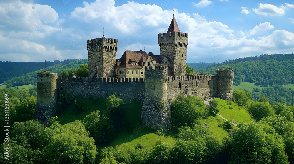 A Majestic Stone Castle Perched Atop A Verdant Hill, Overlooking A Serene Valley Under A Bright Blue Sky With Fluffy Clouds A Majestic Stone Castle Perched Atop A Verdant Hill, Overlooking A Serene Valley Under A Bright Blue Sky With Fluffy Clouds