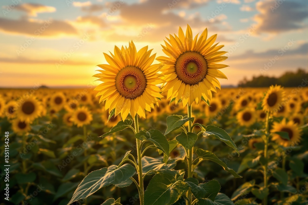 Fototapeta premium Two sunflowers in full bloom stand against a vibrant field under a golden sunset sky, creating a warm and inviting background. Concept of nature's beauty. Ai generative