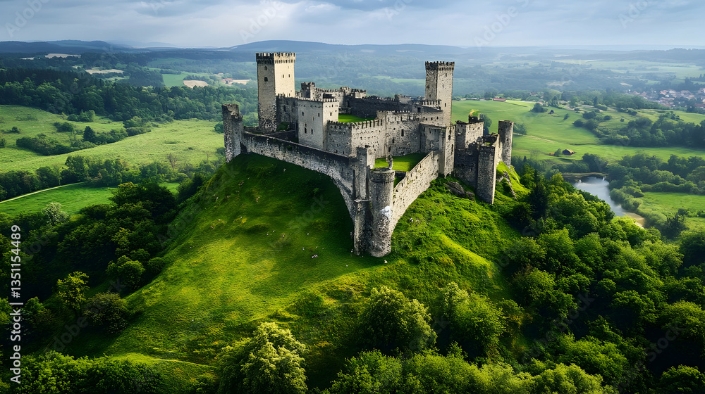 A Majestic Stone Castle Perched Atop A Verdant Hill Overlooking A Sprawling, Picturesque Landscape Under A Dramatic Sky A Majestic Stone Castle Perched Atop A Verdant Hill Overlooking A Sprawling, Picturesque Landscape Under A Dramatic Sky