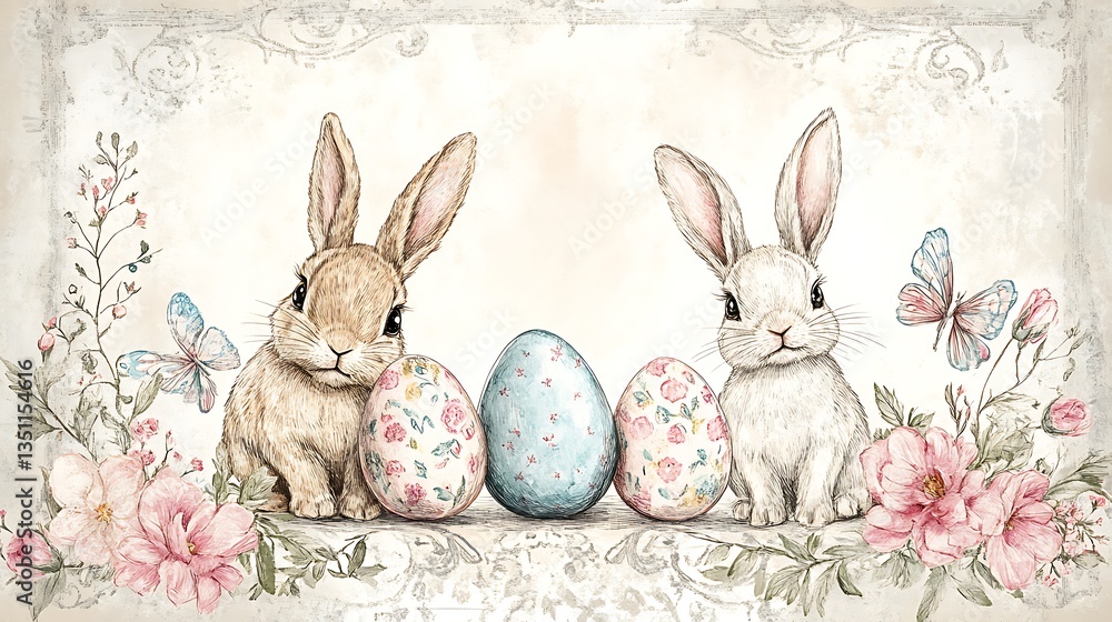 Obraz premium Easter bunnies with eggs, and flowers. (13)