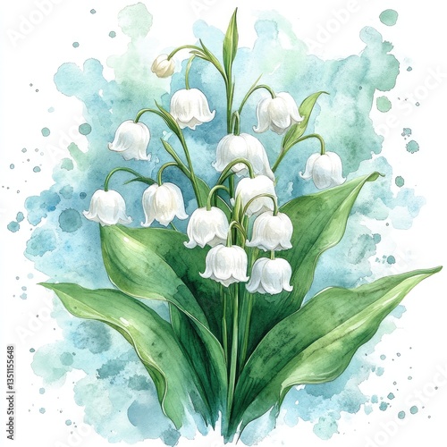 Delicate lily of the valley blooms in a stunning watercolor illustration, capturing the essence of spring with its fresh colors and intricate details of the bouquet