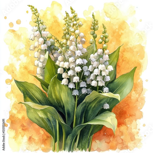Lily of the valley blooms gracefully in spring, captured in a watercolor illustration showcasing delicate white flowers and lush green leaves against a warm background