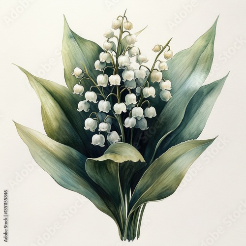 This vibrant watercolor artwork captures a lovely bouquet of lily of the valley flowers