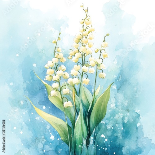 A beautiful bouquet of lily of the valley blooms is illustrated in watercolor, showcasing delicate white flowers with green leaves against a soft, pastel background