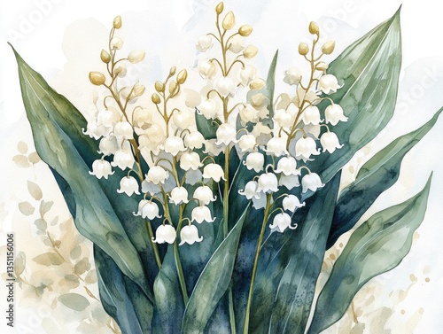 Springtime features a beautiful watercolor of lily of the valley, highlighting elegant white blooms and lush green leaves—ideal for floral lovers
