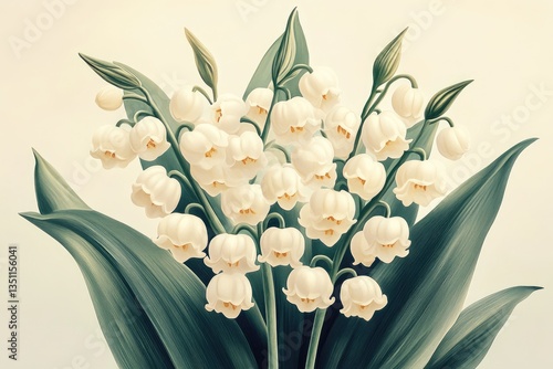 Delicate white lily of the valley flowers in full bloom are illustrated with soft brush strokes, showcasing their beauty during the spring season in a botanical style