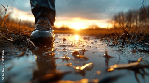 Foot in muddy puddle, sunset