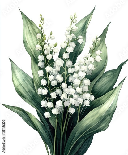 Delicate white blooms of lily of the valley are beautifully illustrated with lush green leaves, capturing the essence of spring in vibrant watercolor style