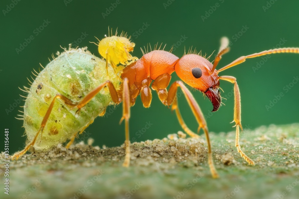 Naklejka premium A red ant carrying a green insect on a green surface