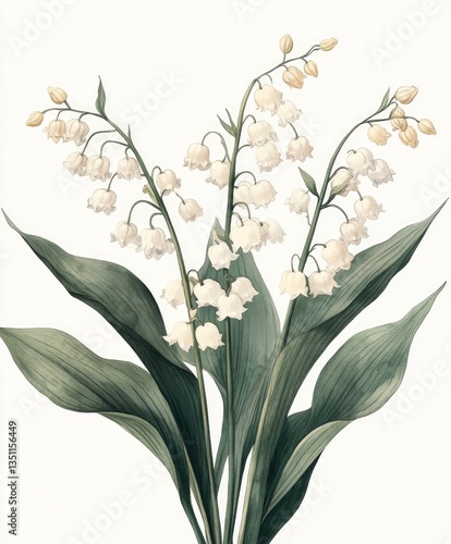 Beautiful watercolor illustration features blooming lily of the valley in spring. Delicate white flowers and vibrant green leaves create a fresh, botanical bouquet