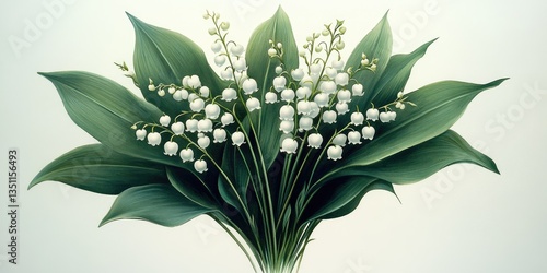 A detailed watercolor illustration features a bouquet of lily of the valley flowers, capturing their delicate beauty during the spring season in full bloom