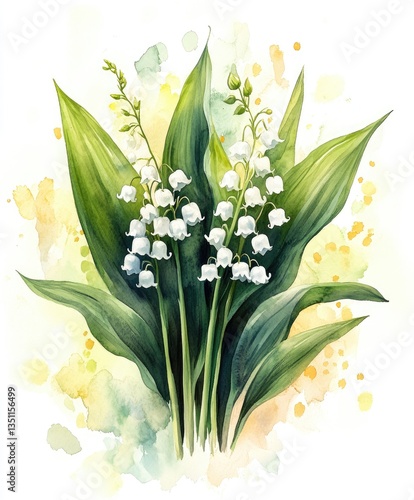 Delicate lily of the valley blooms in a vibrant watercolor setting, capturing the essence of spring with their elegant white flowers nestled among lush green leaves