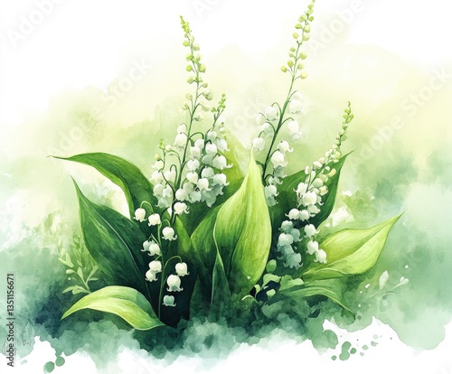 Delicate clusters of lily of the valley flowers bloom amidst vibrant green leaves in a beautiful watercolor illustration, celebrating the essence of spring