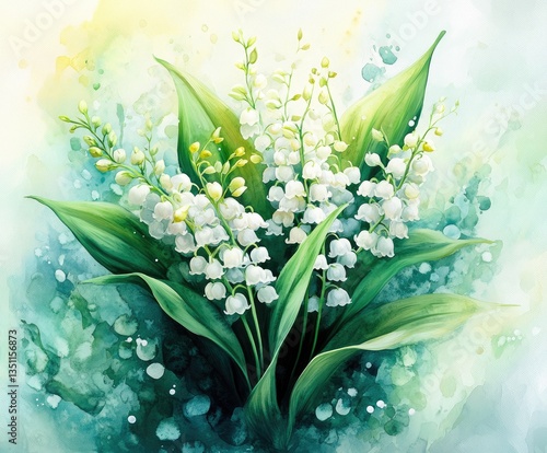 Vibrant bouquet of lily of the valley blooms captured in watercolor, showcasing delicate white flowers among rich green leaves, perfect for springtime inspiration