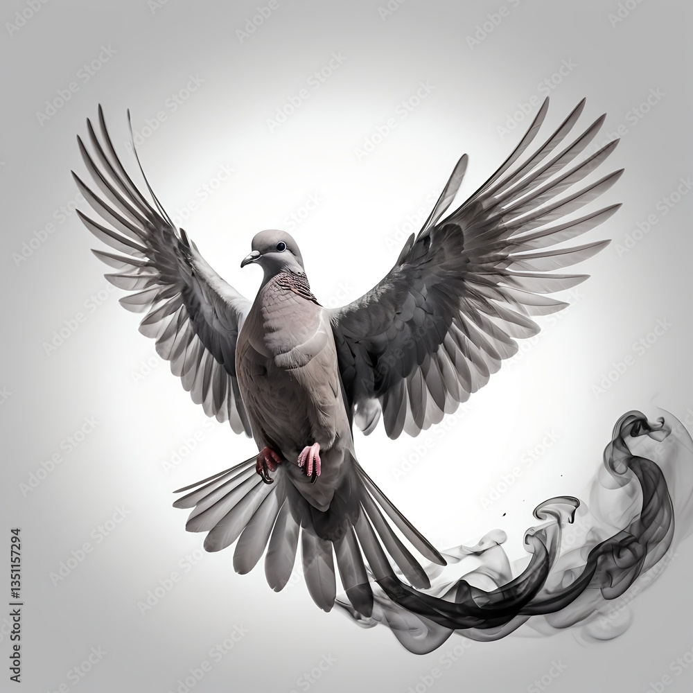 Fototapeta premium Dove in Flight with Black Smoke Trail