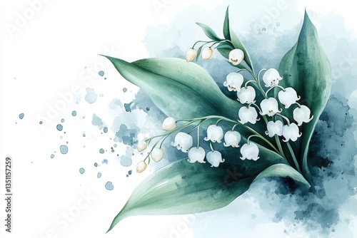Delicate lily of the valley flowers bloom in spring, illustrated in watercolor, showcasing a tranquil bouquet with vibrant green leaves and soft, artistic splashes
