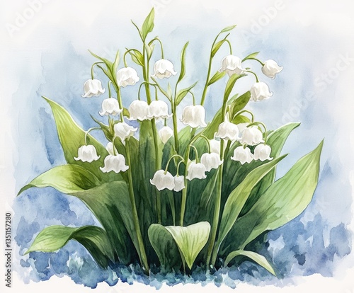 Delicate white lilies of the valley flourish in springtime, surrounded by lush green leaves, showcased in a soft watercolor illustration with a serene background