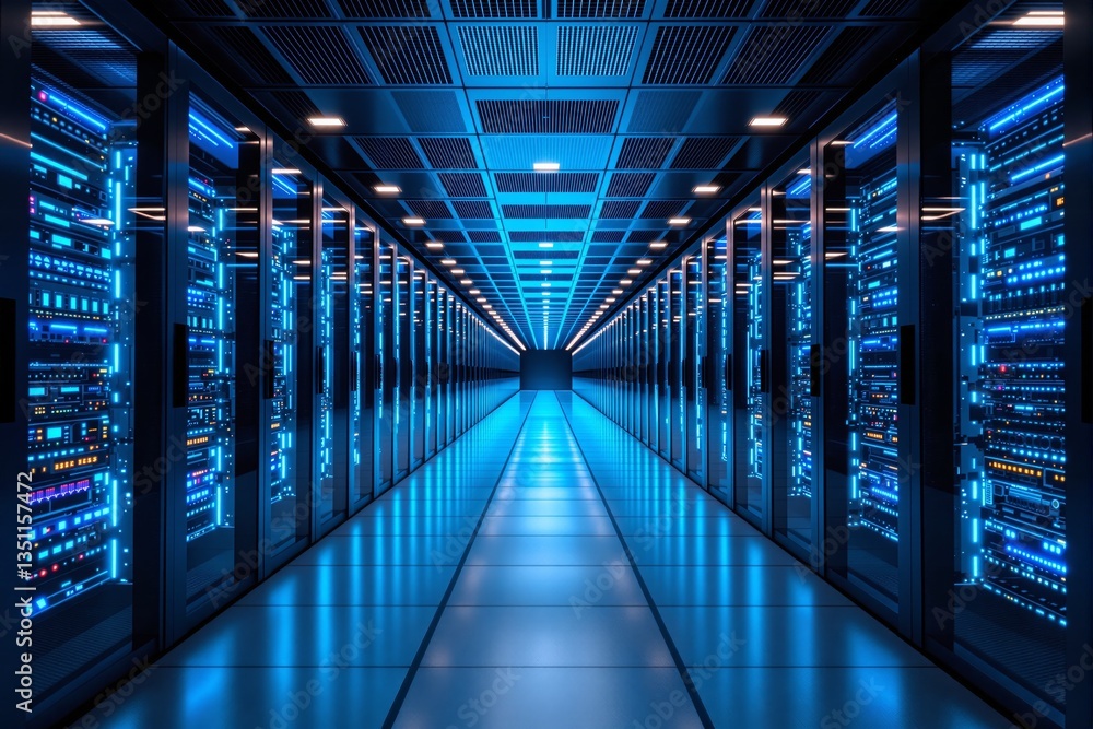 High-tech data center with illuminated server racks in a long corridor, featuring a futuristic blue glow on a sleek background. Concept of digital technology. Ai generative High-tech data center with illuminated server racks in a long corridor, featuring a futuristic blue glow on a sleek background. Concept of digital technology. Ai generative