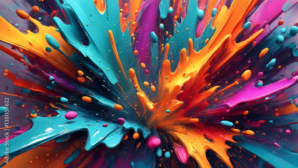 A dynamic digital artwork featuring a vibrant explosion teal, orange, magenta paint, creating a captivating visual effect. A dynamic digital artwork featuring a vibrant explosion teal, orange, magenta paint, creating a captivating visual effect.