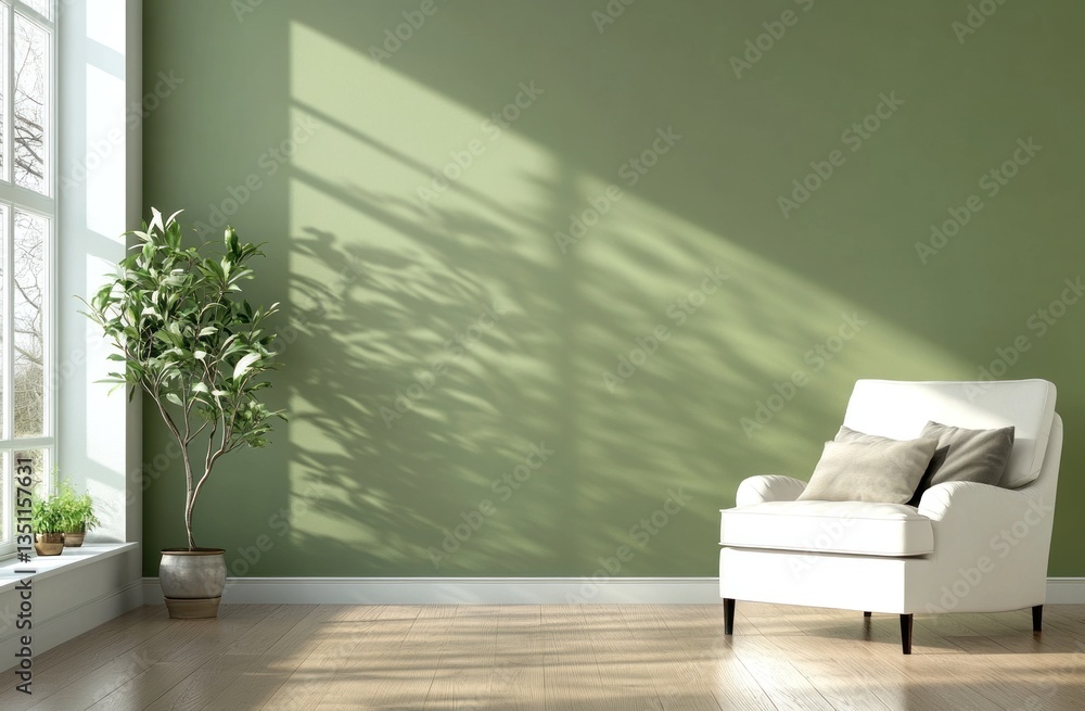 Fototapeta premium An interior design features a white armchair and plant near window