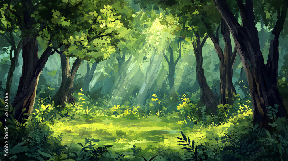 Obraz premium Stunning forest landscape with sunlight filtering through the tree canopy to create a magical atmosphere in nature.