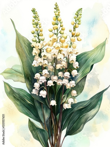 Spring brings forth the delicate allure of lily of the valley in a beautiful watercolor illustration