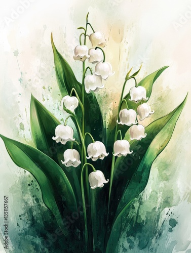This artwork features a lush arrangement of lily of the valley flowers, showcasing their distinct white bells amidst rich green leaves, embodying the essence of spring