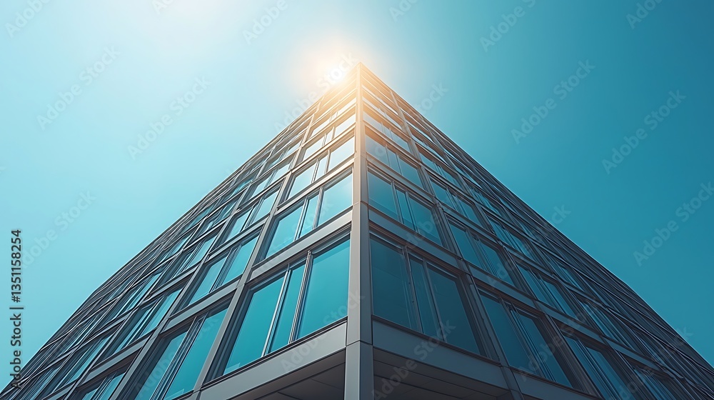 Obraz premium Modern Building Exterior, Blue Glass Facade, Urban Architecture