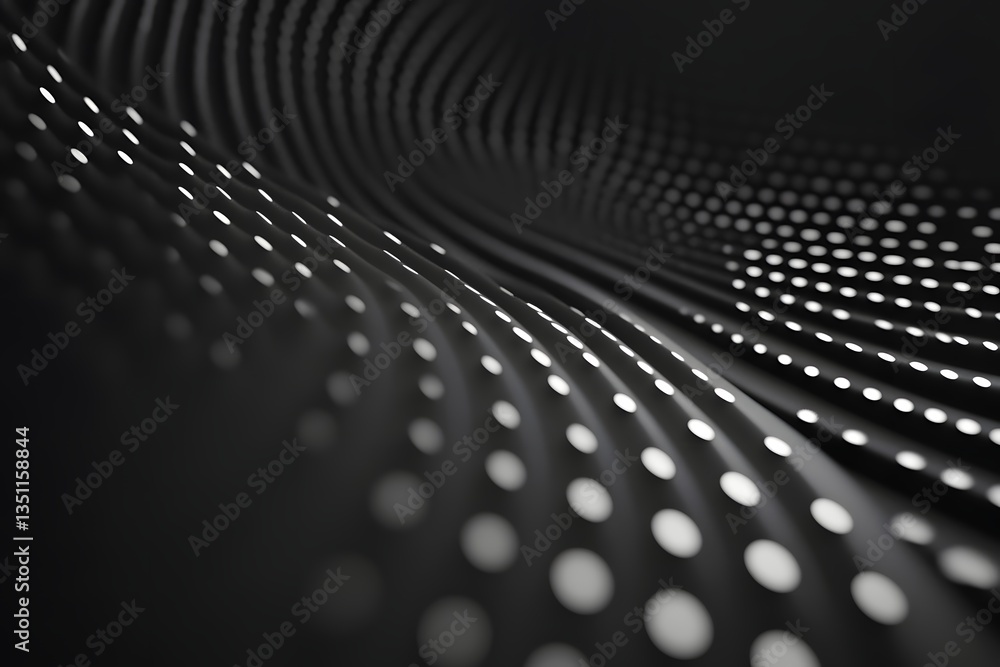 Abstract Black Wavy Surface with Glowing Dots for Modern Designs