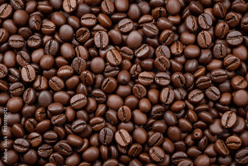 Fototapeta premium Roasted coffee beans in close-up forming a textured background. Creative pattern emphasizing rich brown hues and glossy surfaces. Ai generative