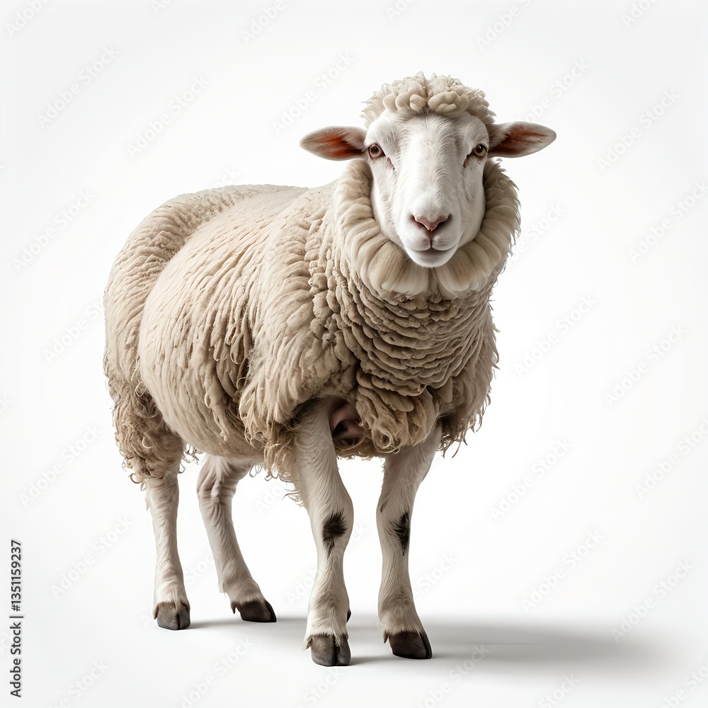 Fototapeta premium Fluffy Sheep Standing Against White Background