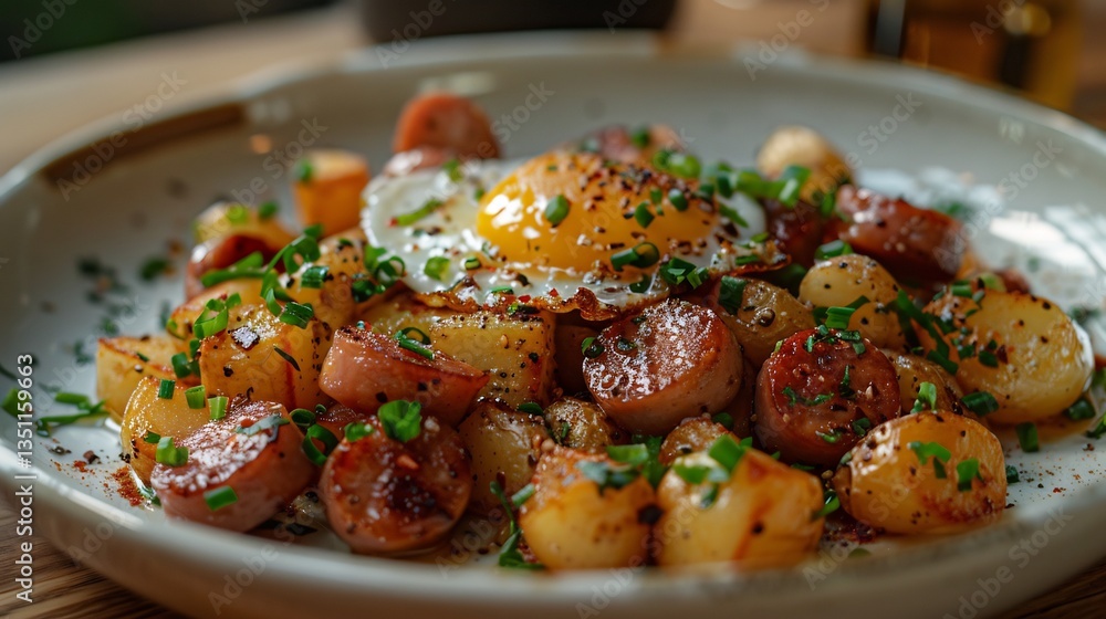 Swedish pytt i panna diced potatoes sausage egg neatly arranged on white plate Swedish pytt i panna diced potatoes sausage egg neatly arranged on white plate