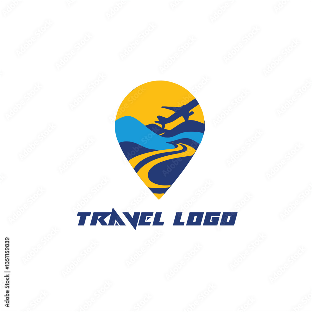 Vector Travel Logo – Map Pin with Airplane, Mountains, and Winding Road Vector Travel Logo – Map Pin with Airplane, Mountains, and Winding Road