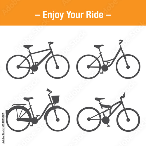 Black bikes silhouette collection set, flat design illustration vector pictogram, infographic for app logo web website ui ux interface elements isolated on white background