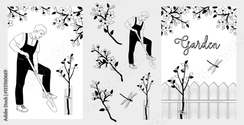 Man with a shovel. Apple tree seedling. Black and white vector illustration. Posters about gardening in spring season 