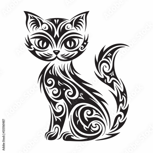 Black and white cat tattoo design with a cute cartoon silhouette of a kitten's face and tail in tribal style