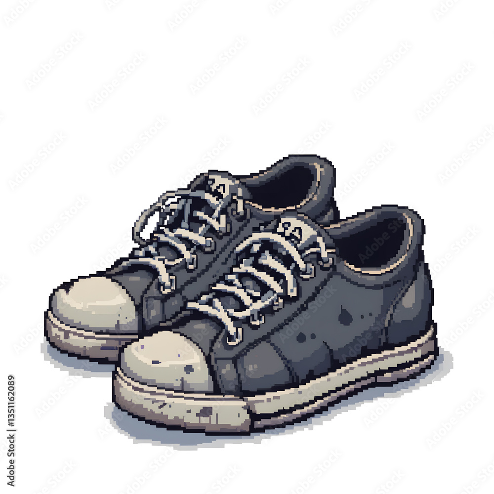 8-Bit Pixel Art Old Worn-Out Pair of Sneakers on a White Background 8-Bit Pixel Art Old Worn-Out Pair of Sneakers on a White Background