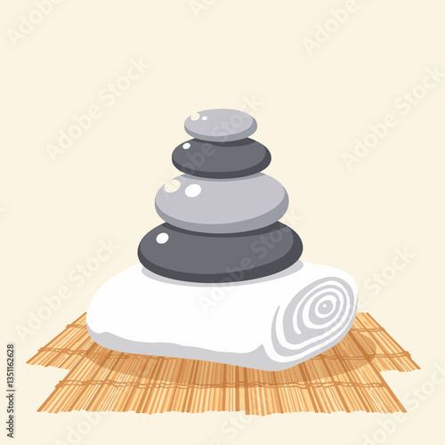 Serene spa stones stacked on white towel, relaxation concept