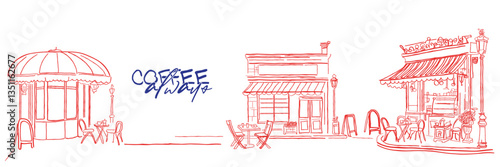hand drawn line art vector of Coffee house. Prints for wall hangings. Coffee house prints. Freestyle retro sketches.