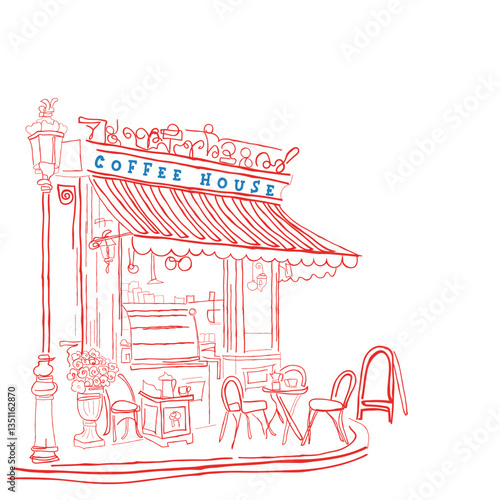 hand drawn line art vector of Coffee house. Prints for wall hangings. Coffee house prints. Freestyle retro sketches.